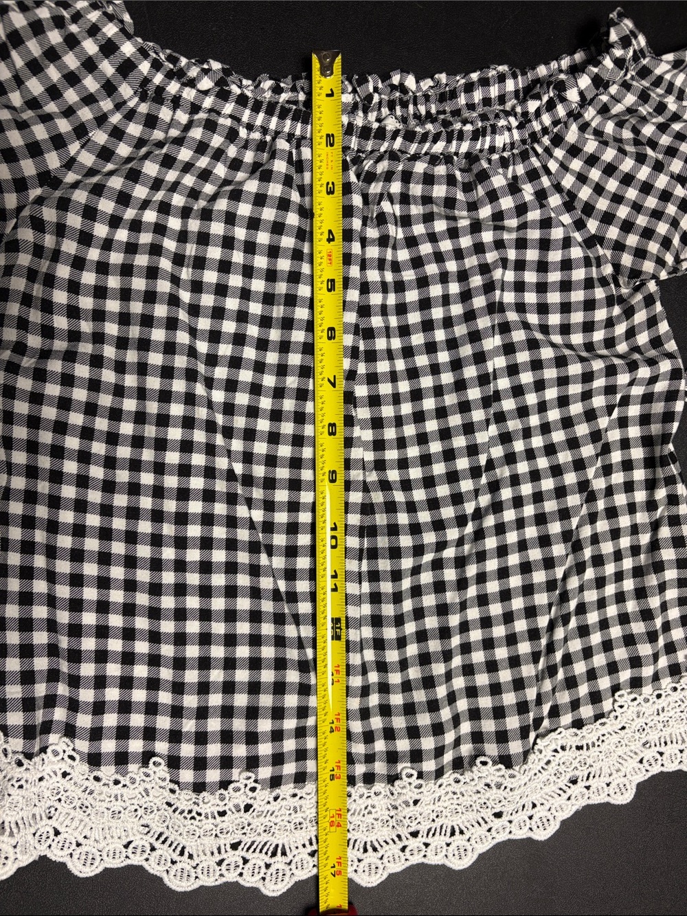 Crave Fame Black and White Gingham Off-Shoulder Top with Lace Hem - Picture 10 of 12
